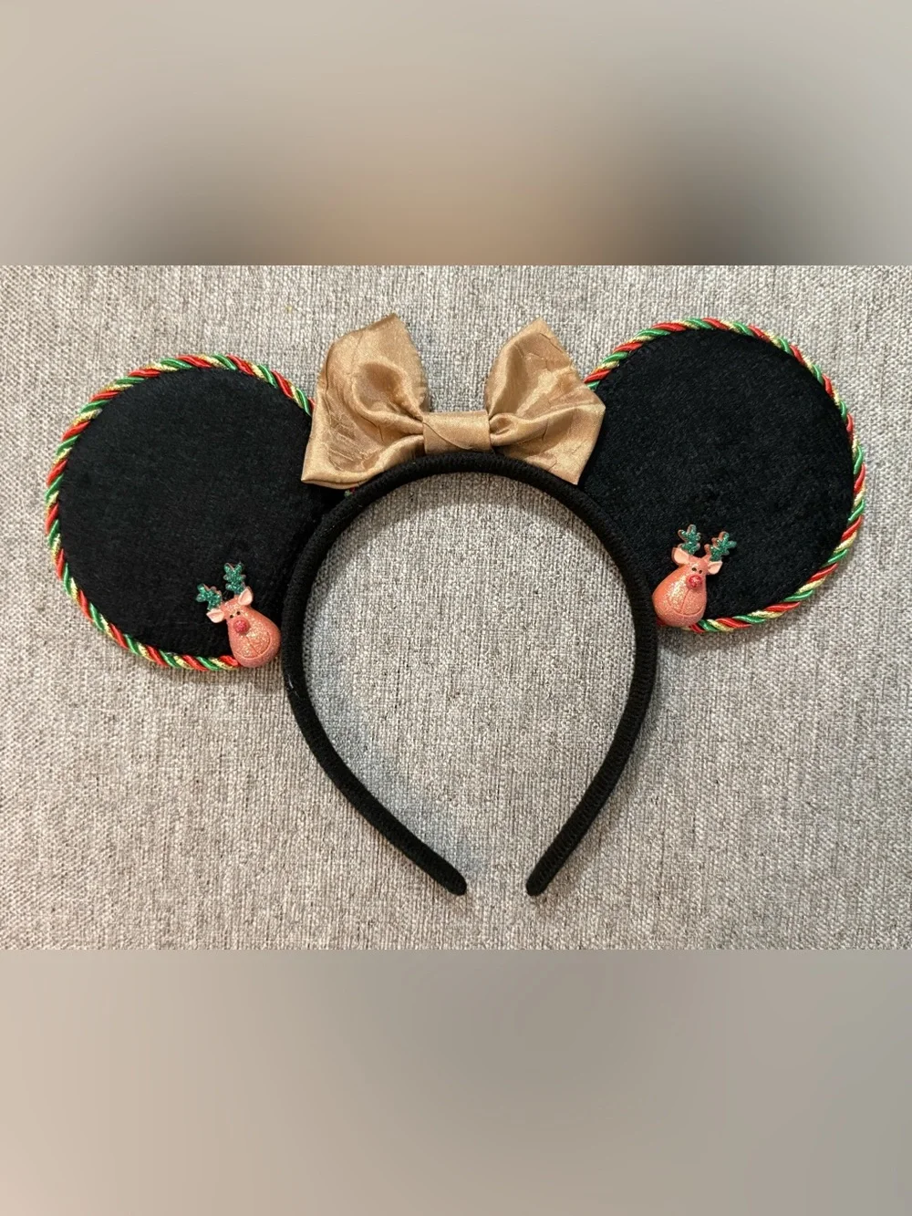 Christmas Black Minnie Ear Headband with Gold Bow and Reindeer Charms Handmade